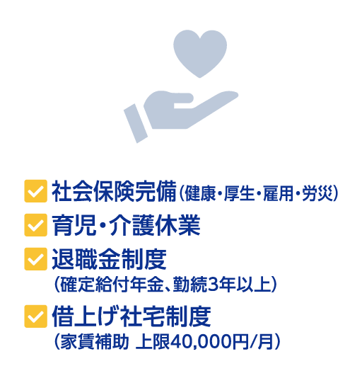 社会保険完備（健康・厚生・雇用・労災） 育児・介護休業 確定給付年金 退職金制度(勤続3年以上) 財形制度